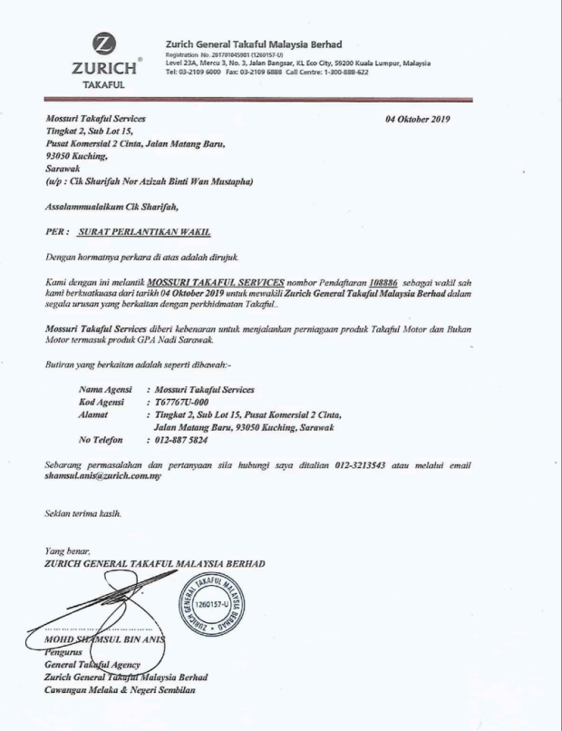 Surat perlantikan Mossuri Takaful Services sebagai wakil sah Zurich General Takaful