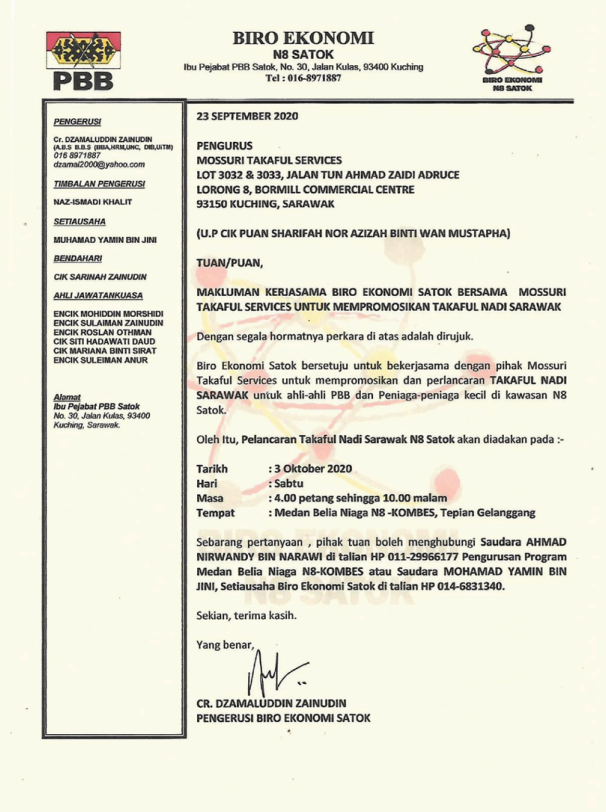 Surat kerjasama Biro Ekonomi N8 Satok dengan Mossuri Takaful Services bagi mempromosikan Takaful Nadi Sarawak