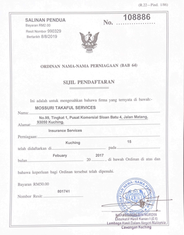 Sijil Pendaftaran Perniagaan Mossuri Takaful Services daripada SSM